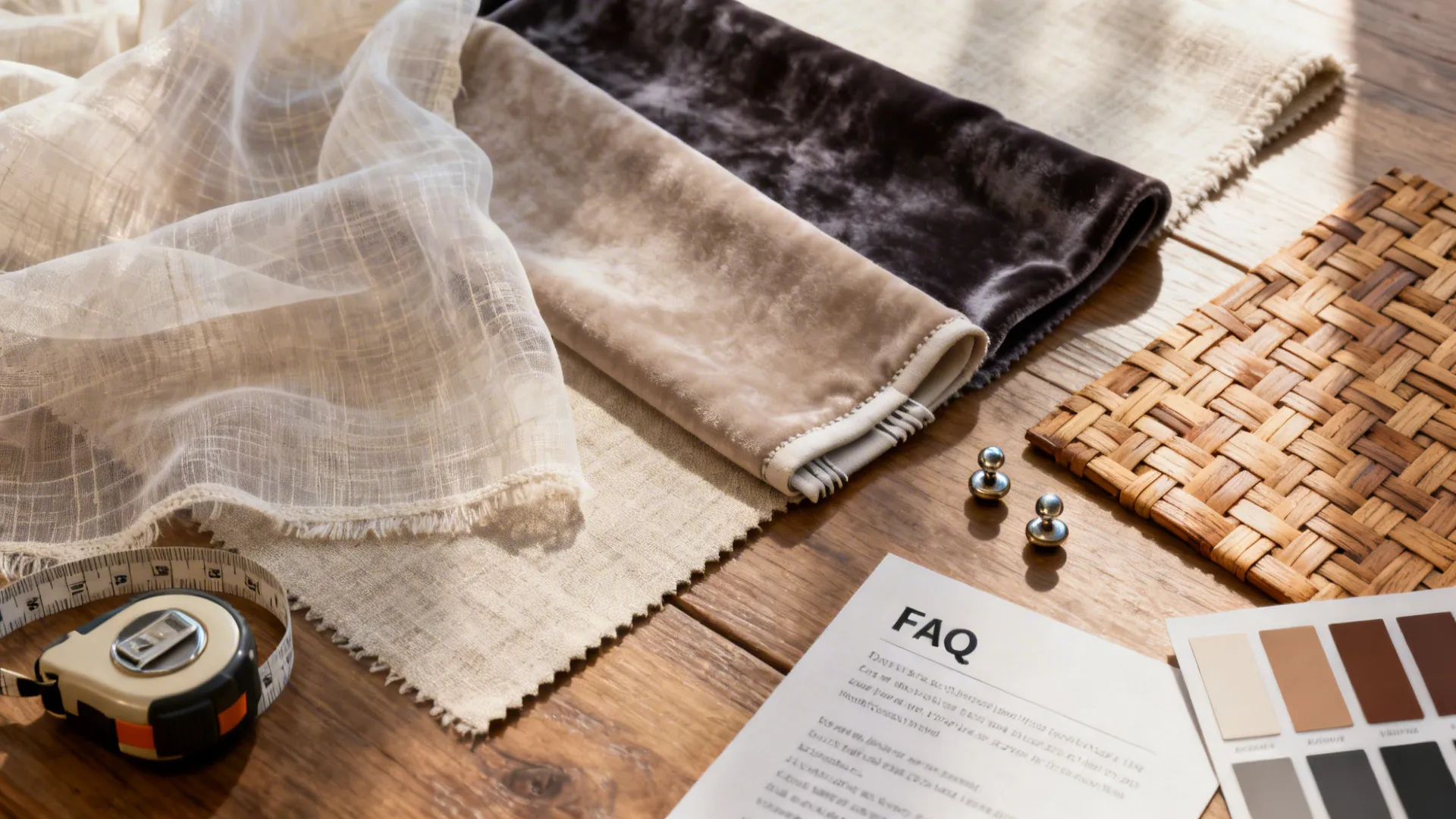 Flatlay of curtain fabric swatches, hem weights, tape measure and color chips illustrating FAQ materials.