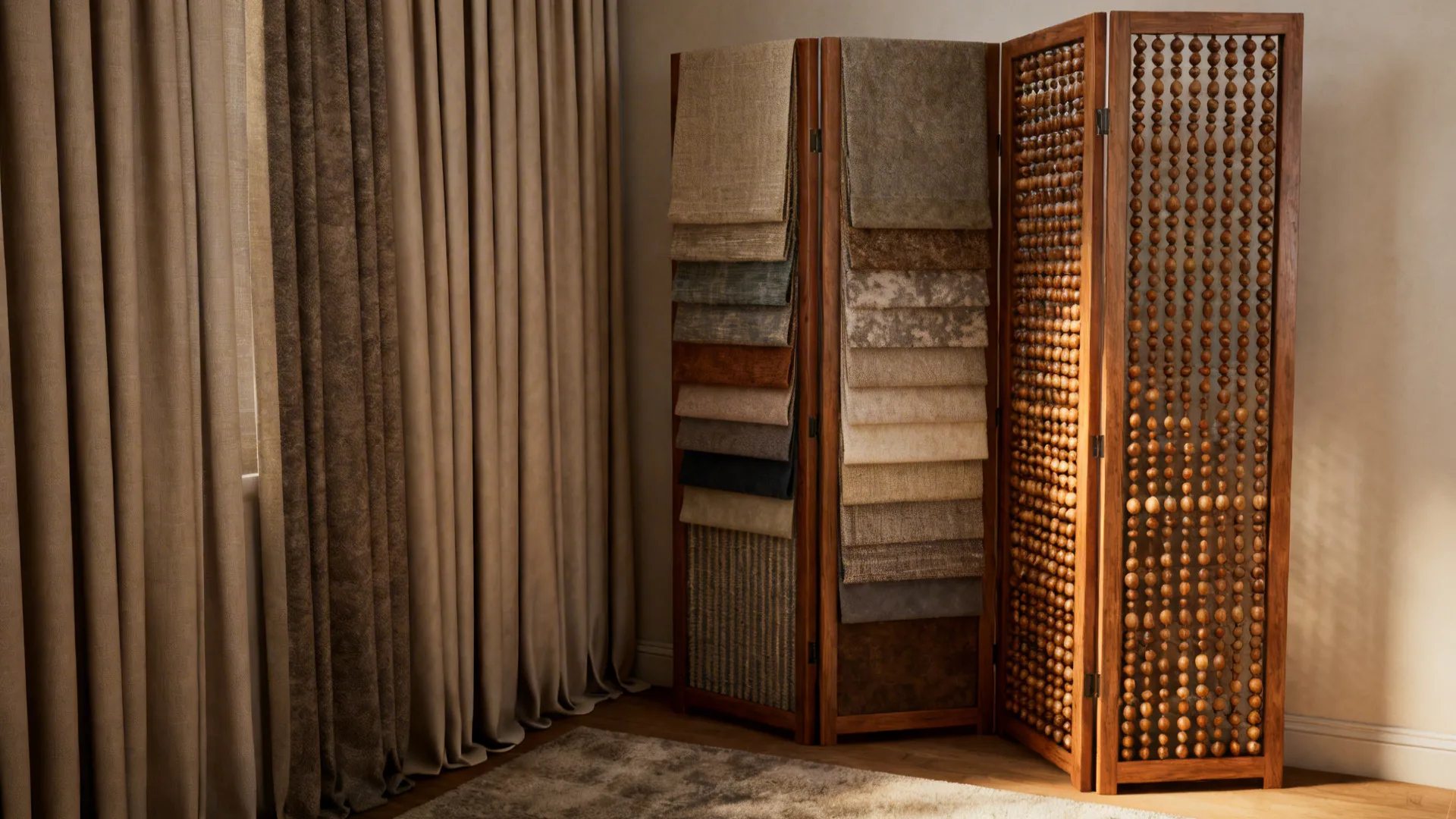 Lined curtain and decorative folding screen as flexible door alternatives displayed with fabric swatches.