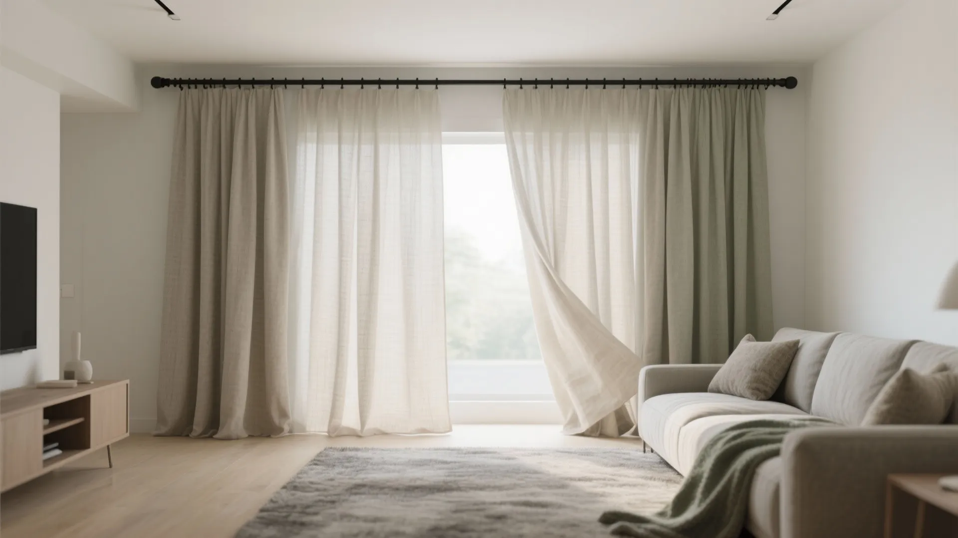 Sliding screens and layered curtains
