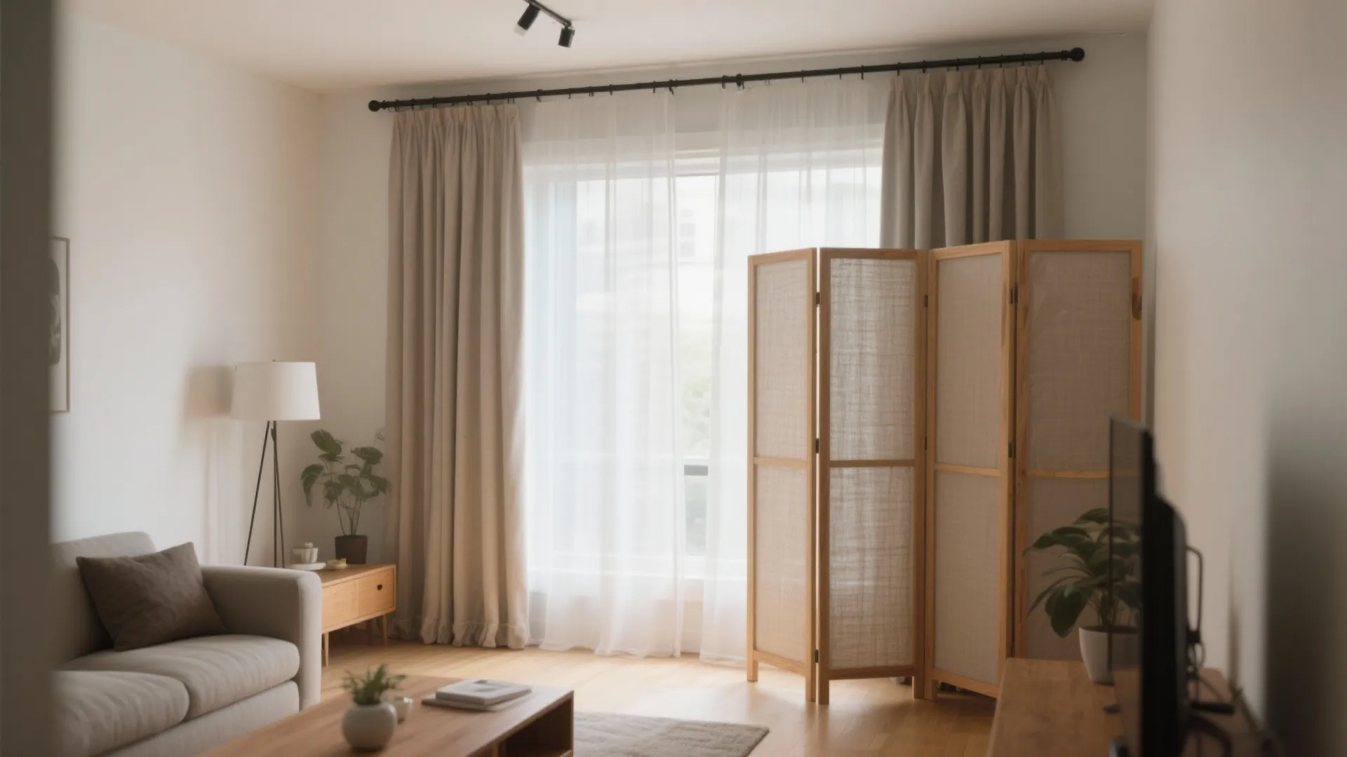 Living room with a sofa wooden room divider long curtains floor lamp and green plants