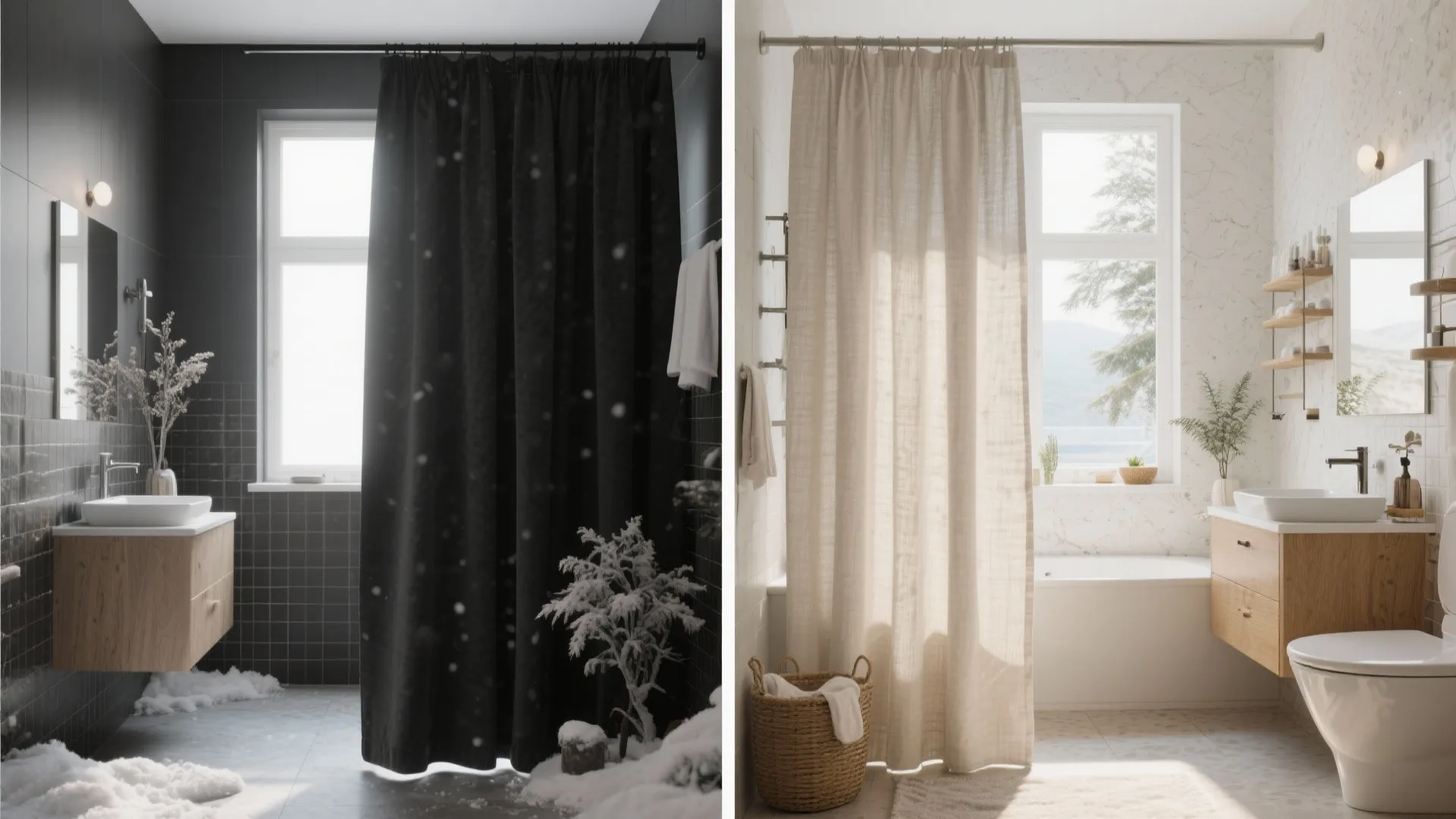 Before and after comparison of dark winter bathroom versus bright warm summer bathroom interior design styles