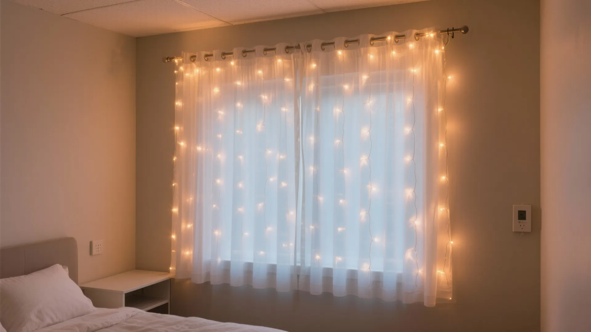 Bedroom window with white sheer curtain decorated with warm string lights next to white bed