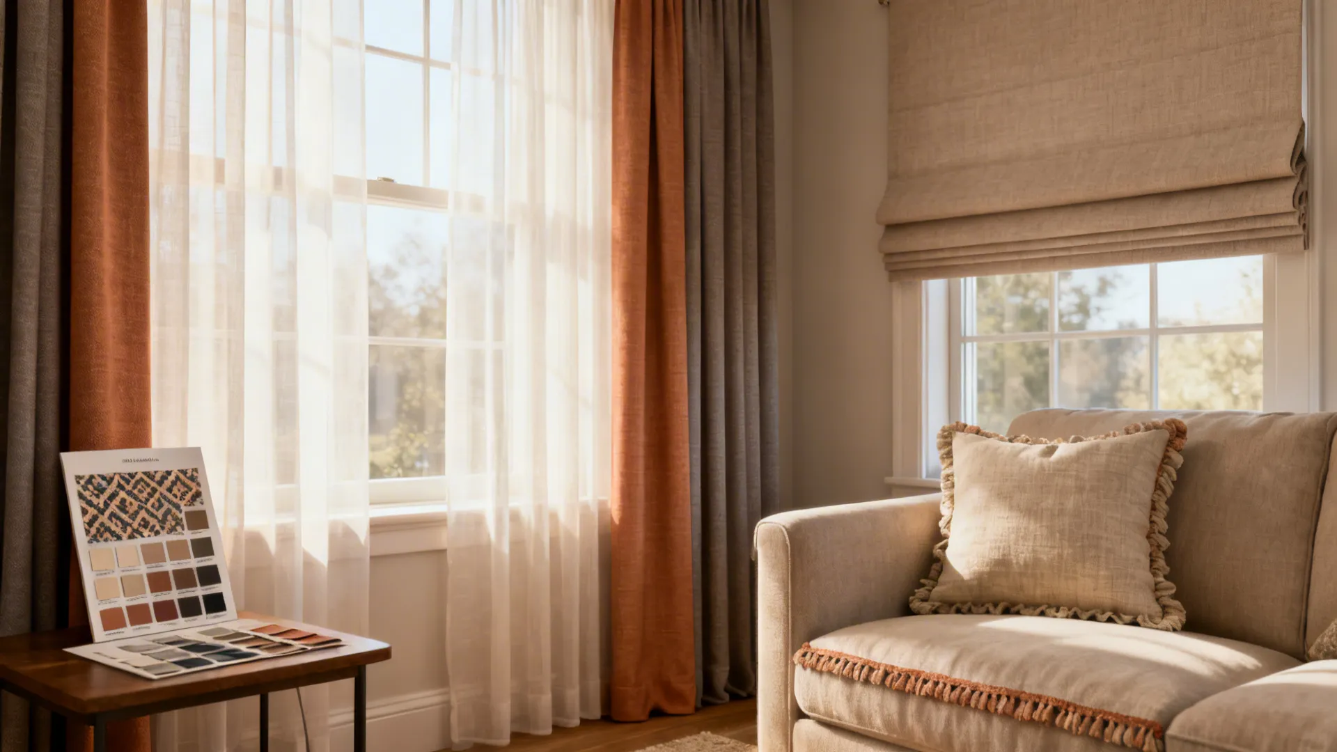 Small living room overview demonstrating multiple grey-and-white curtain solutions and fabric samples.