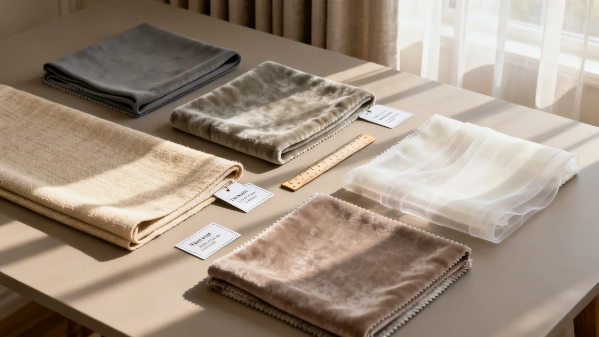 Flatlay of five neutral curtain fabric swatches including linen, blackout, velvet, sheer, and thermal