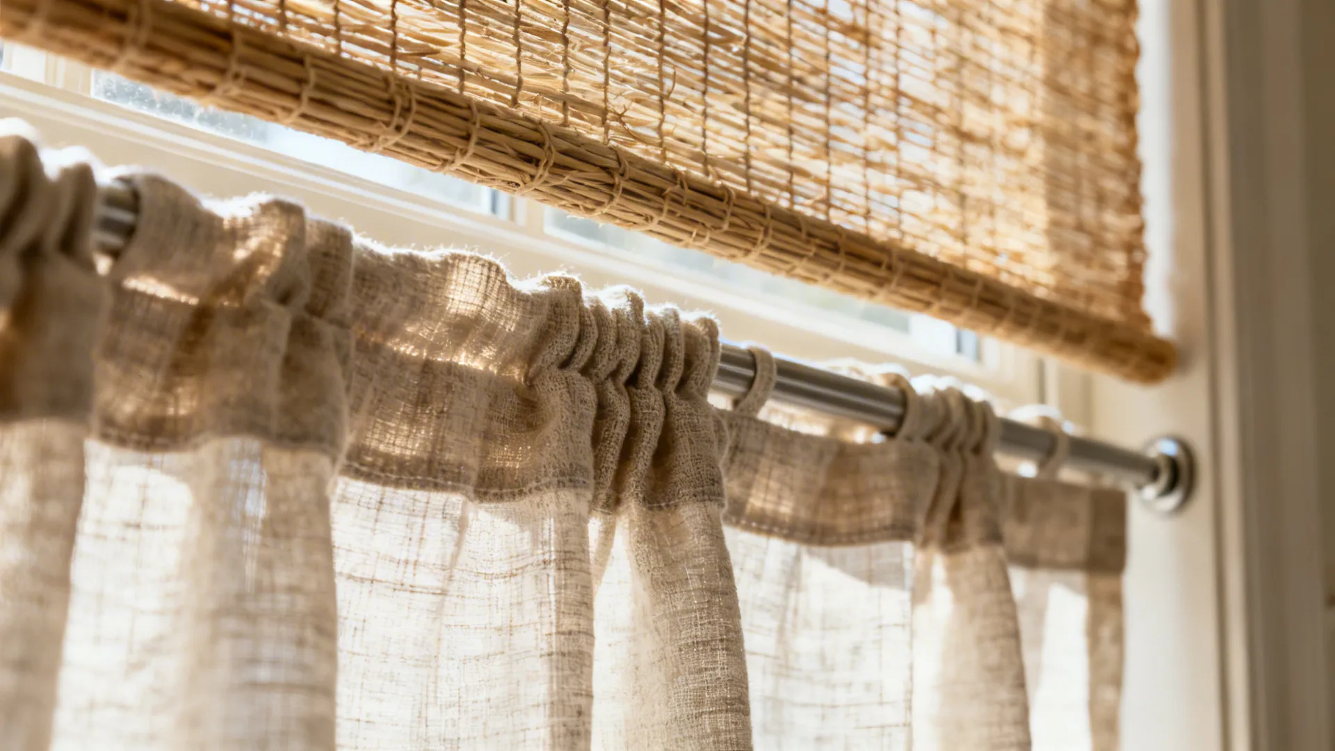 Macro view of linen café curtain and woven shade textures with soft daylight.
