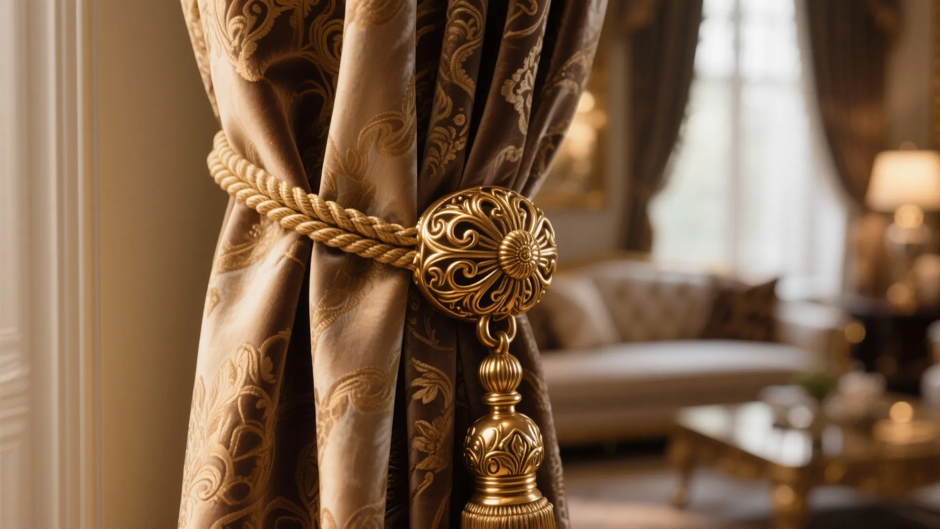 Brass curtain tieback in elegant design holding rich fabric