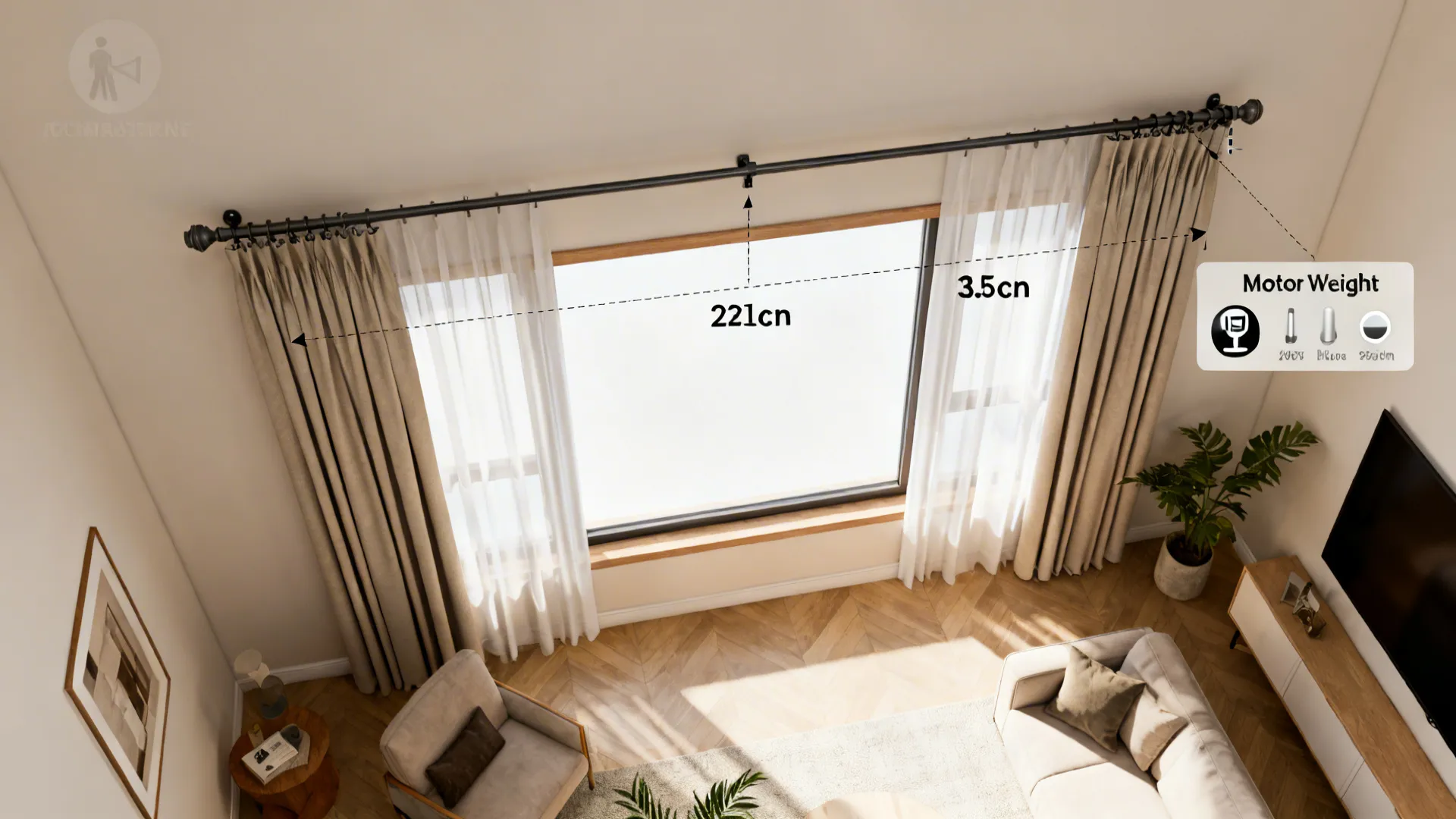 Top-down living room diagram showing recommended rod placement and curtain measurements.
