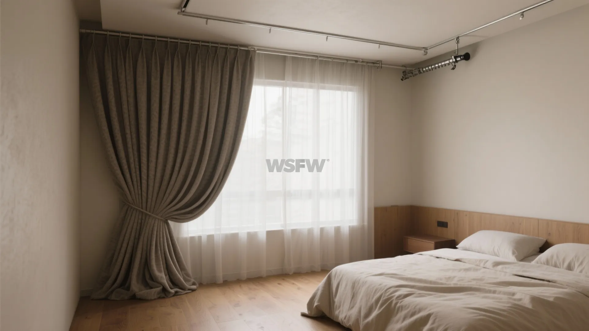 Minimalist bedroom featuring long brown curtain and white sheer fabric on a metal ceiling light track