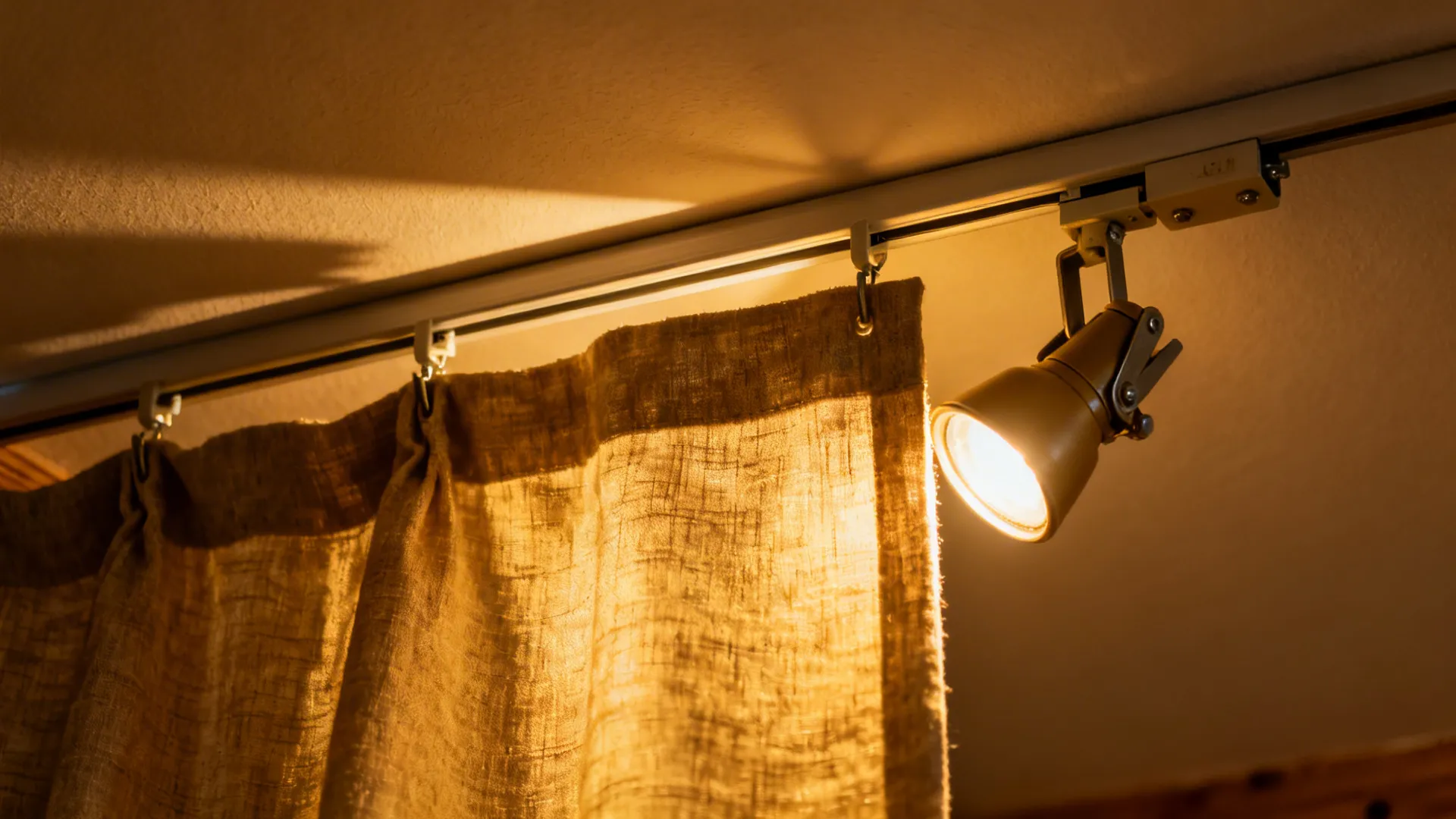 Macro of ceiling curtain track with clamp light casting warm glow on textured fabric.