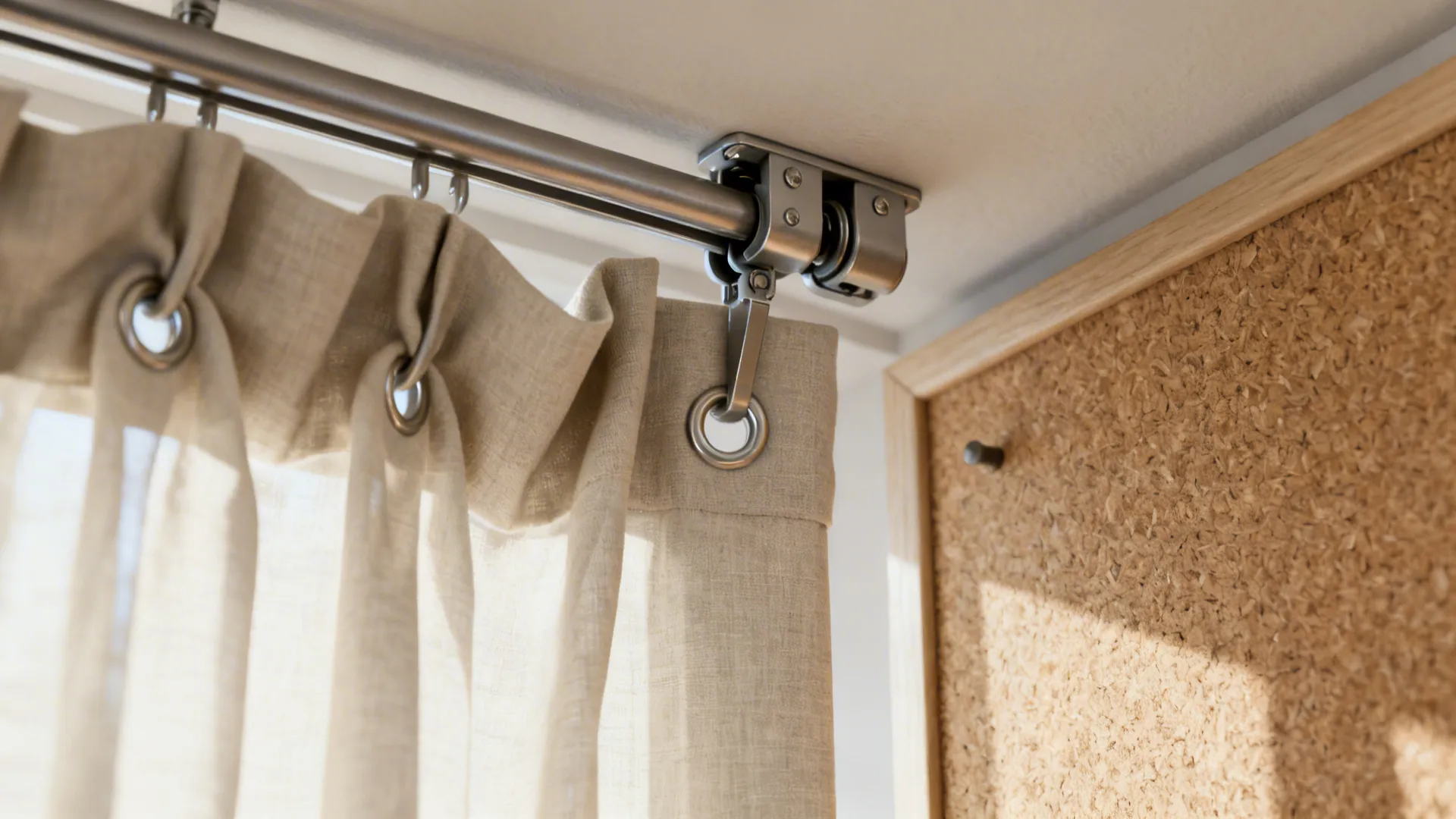 Close-up of a ceiling curtain track with gliders and washable fabric next to felt panel.