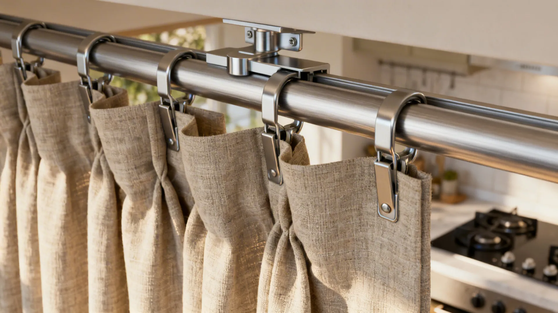 Close-up of a ceiling curtain track with textured linen panels for kitchen zoning.