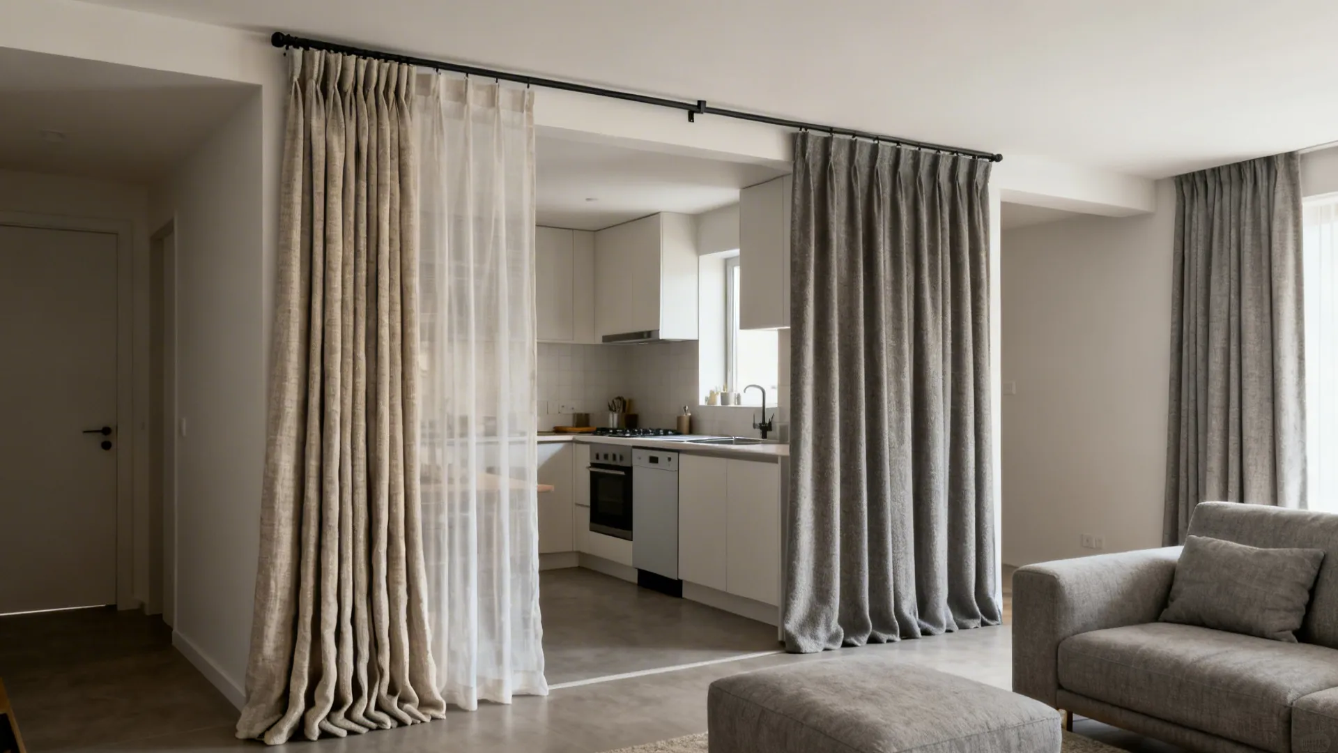 Ceiling track with layered linen and wool-blend curtains separating kitchen and living room.