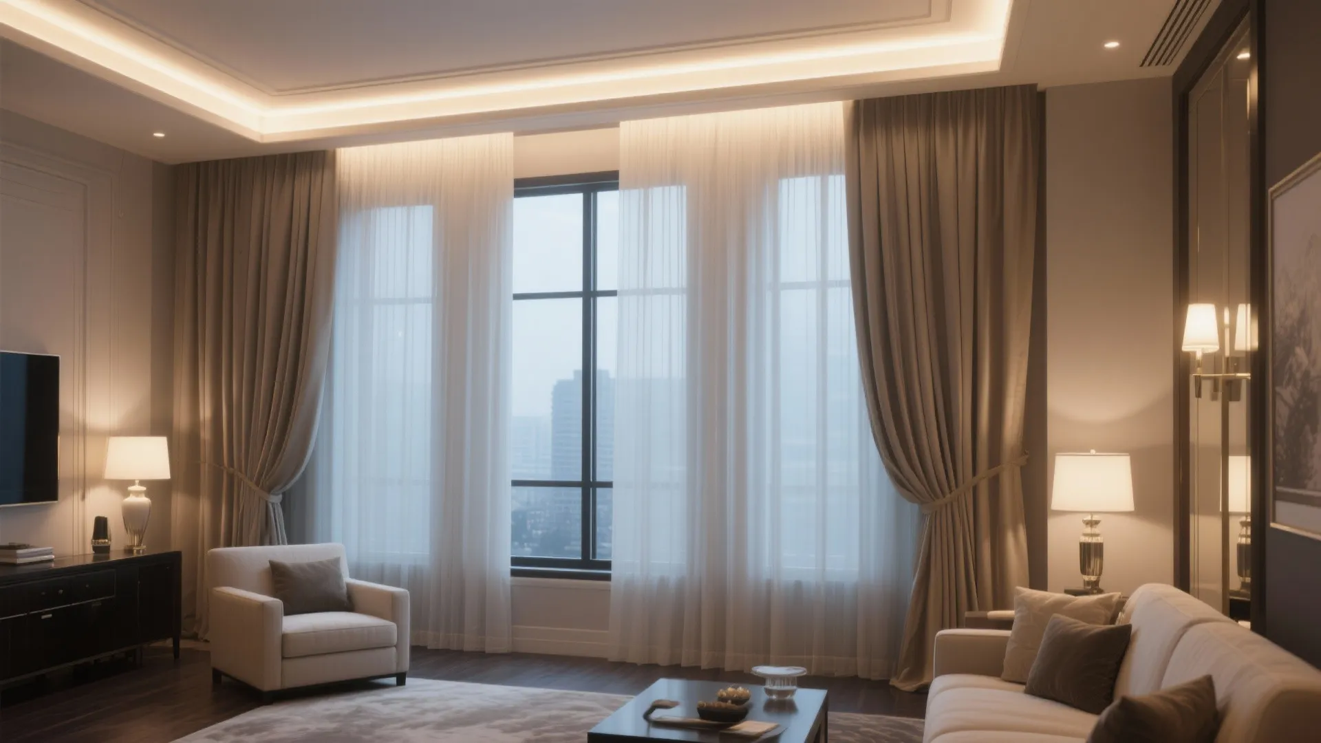Living room curtains with hidden LED track uplighting