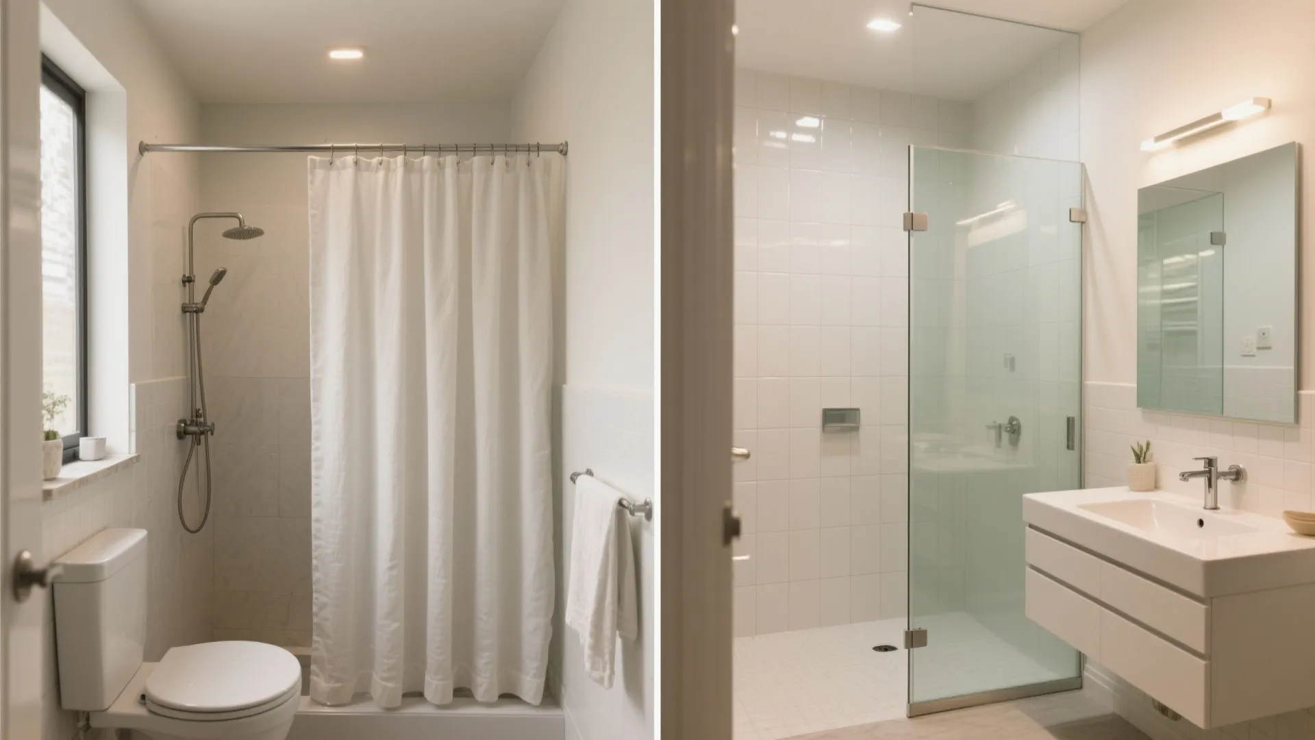 Before-and-after showing curtain replaced by clear glass to open the space.