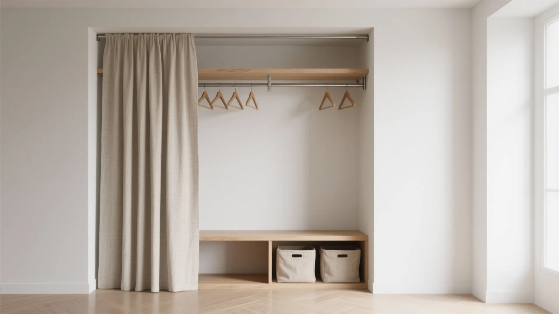 Minimalist Open Wardrobe With a Curtain Front