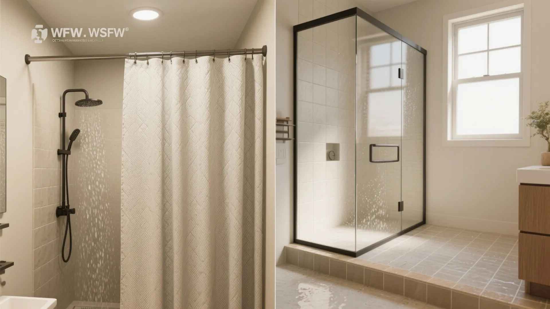 Before-and-after: ripstop shower curtain wet zone versus tiled threshold defining wet and dry zones with transom light.