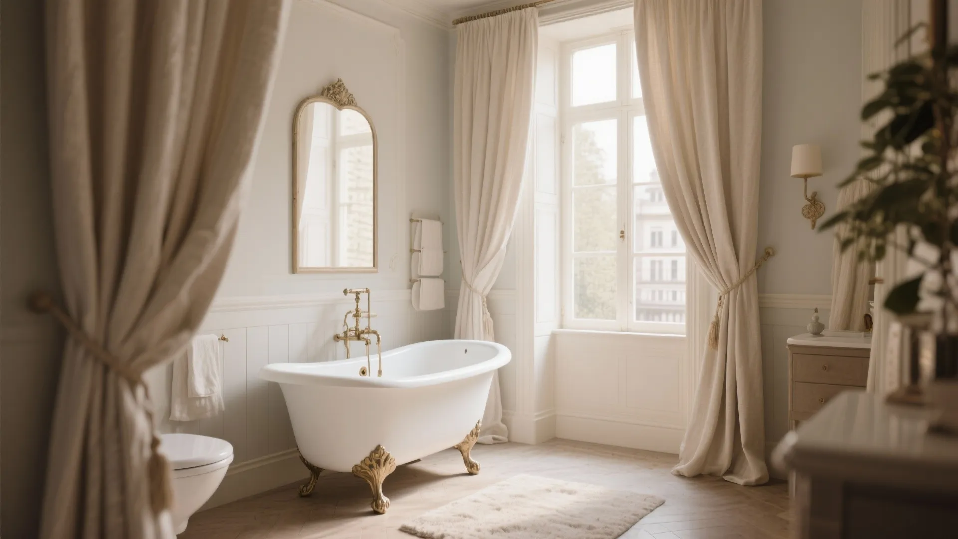 Elegant white bathroom with vintage bathtub, gold hardware, tall cream curtains, and large arched mirror