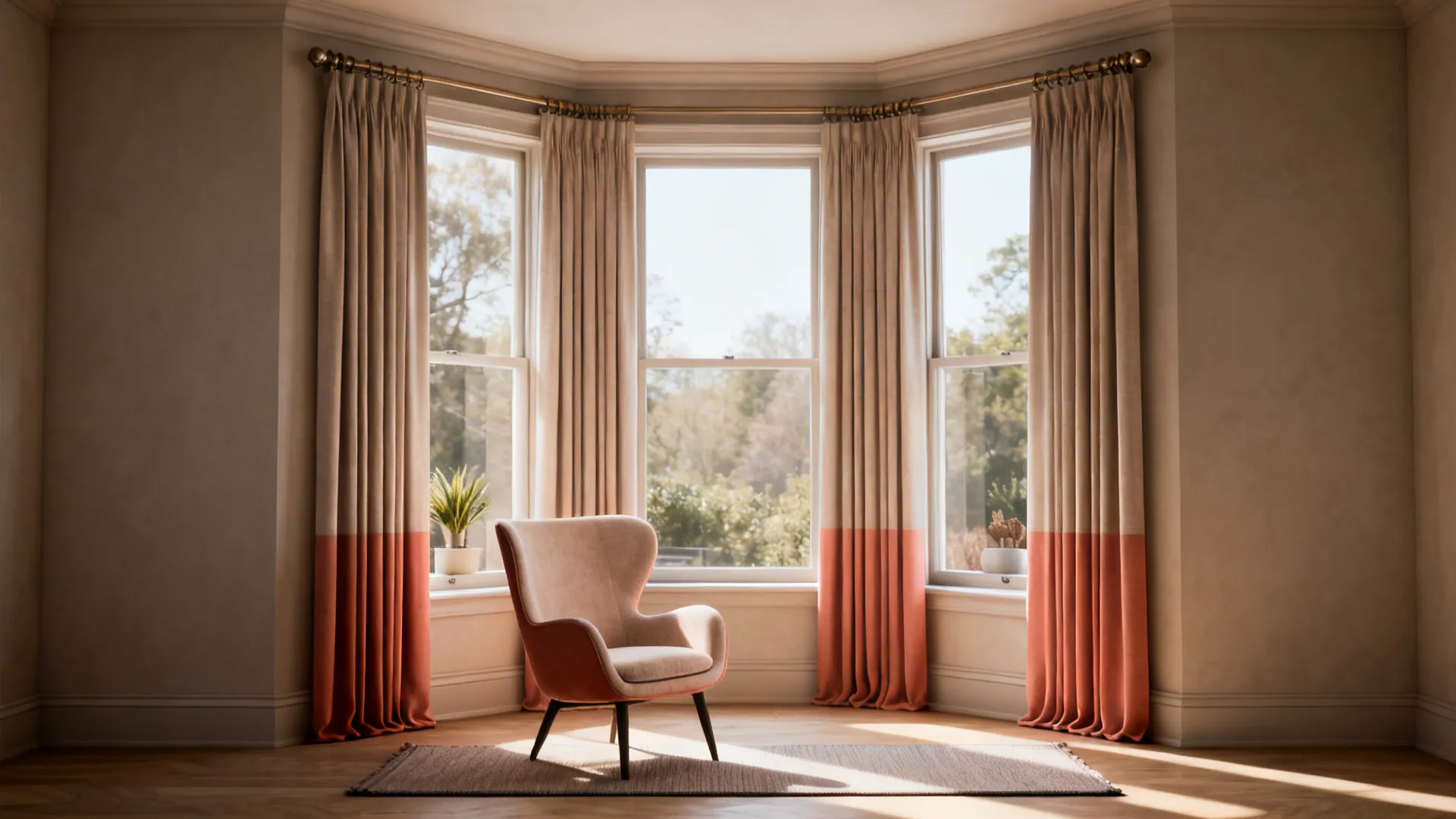 Bay window framed with full-height curtains and a single statement chair on a slim rug