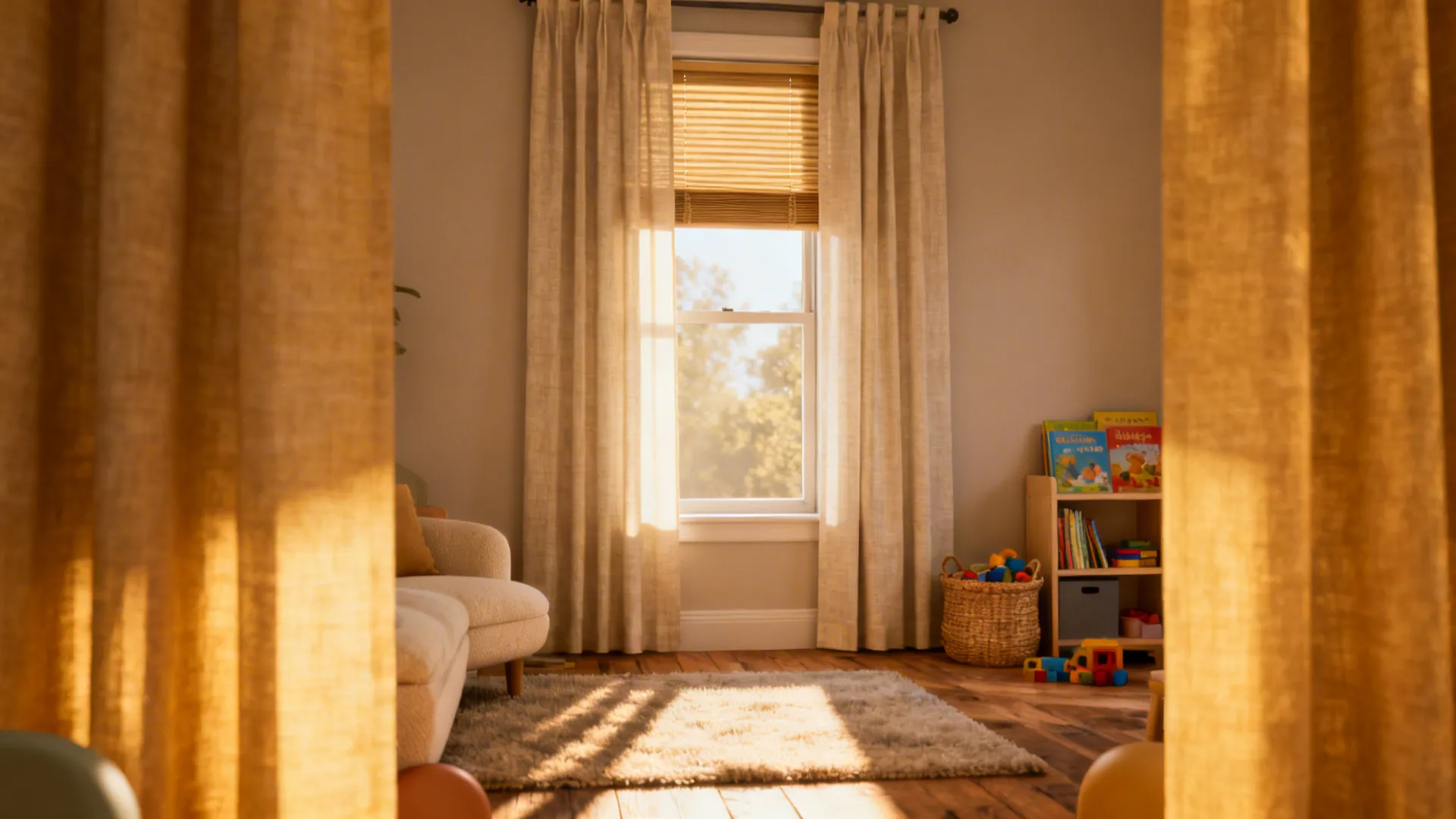 Cozy living room window with wooden blinds and beige curtains near sofa and kids bookshelf