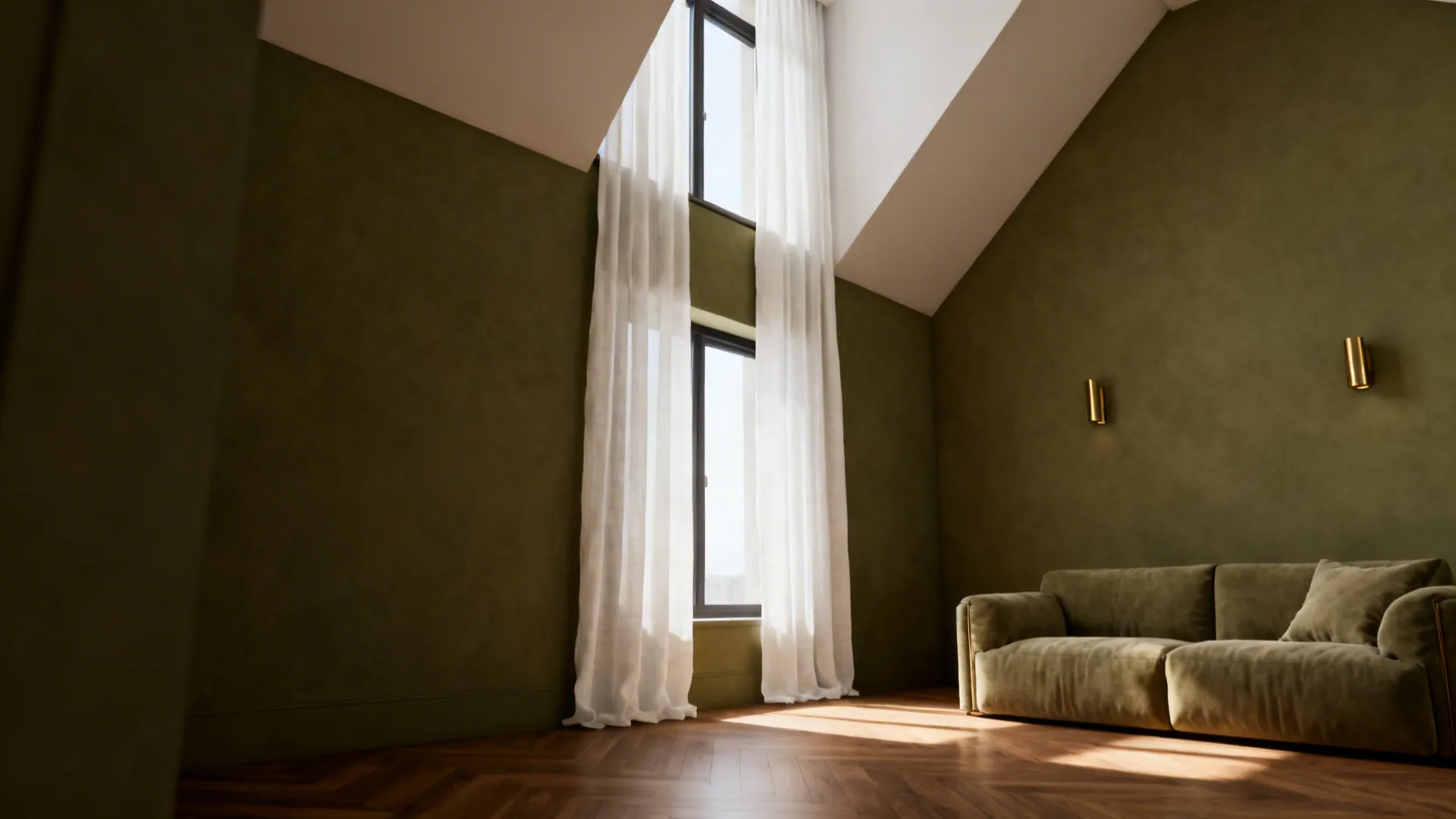 Living room with high ceiling green walls white long curtains green sofa and wooden floor