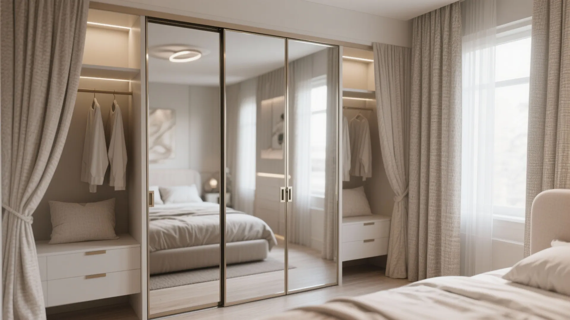 Bedroom walk in closet featuring large mirrors on sliding doors with light curtains and cabinets