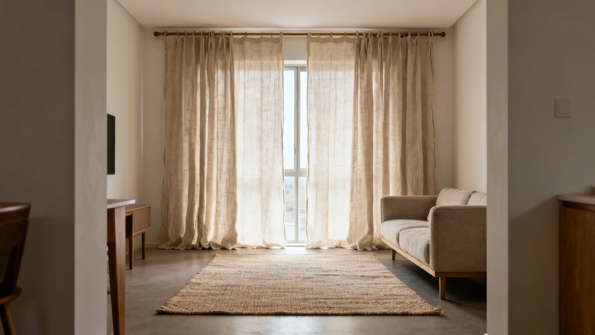 Minimalist living room with beige curtains over a window with a rug and beige sofa