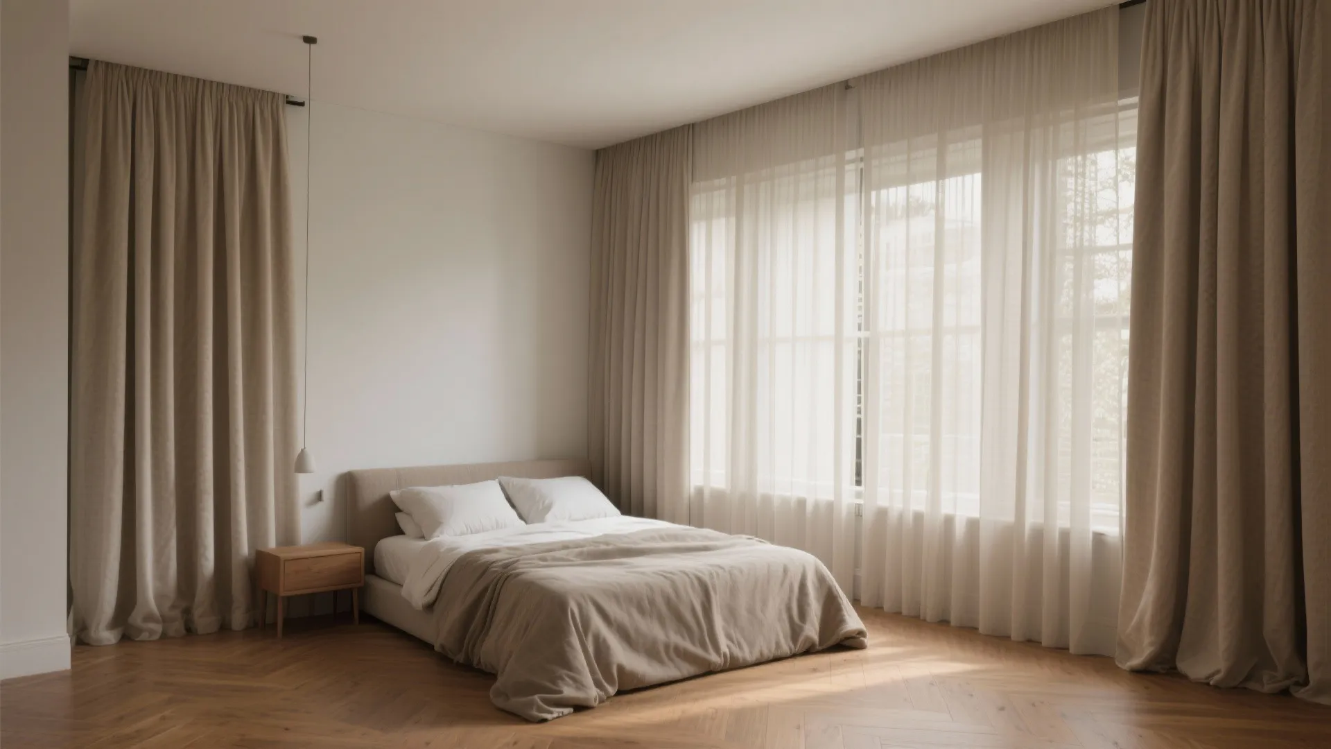 Minimalist bedroom featuring neutral beige curtains large window wooden floor and a simple bed design