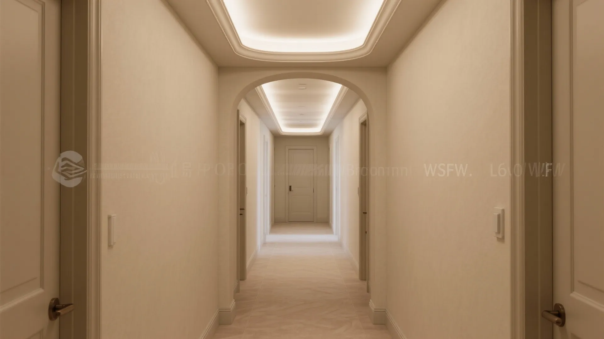 Long cream hallway with arched doorway warm ceiling light white doors and clean floor tile