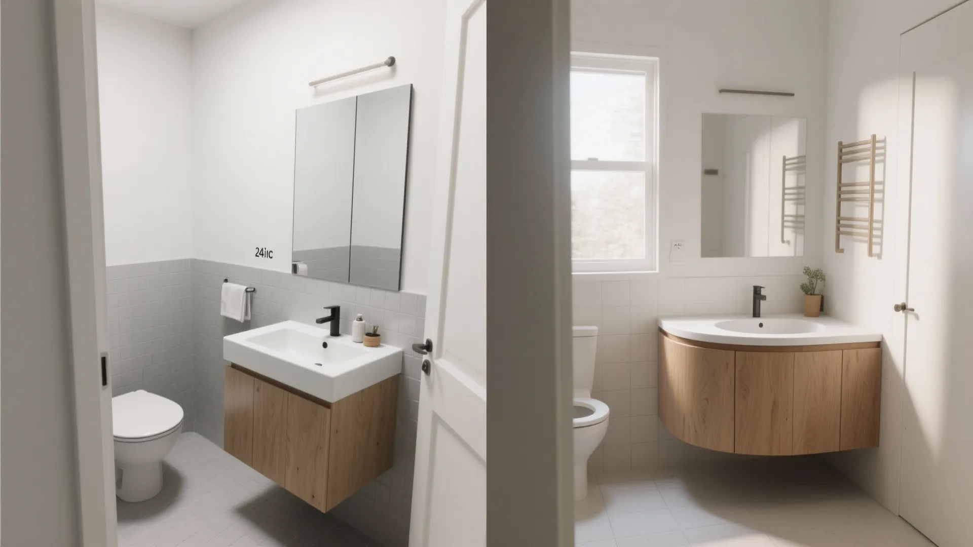 Side-by-side comparison: boxy vanity before versus curved-front vanity after, same camera and light.