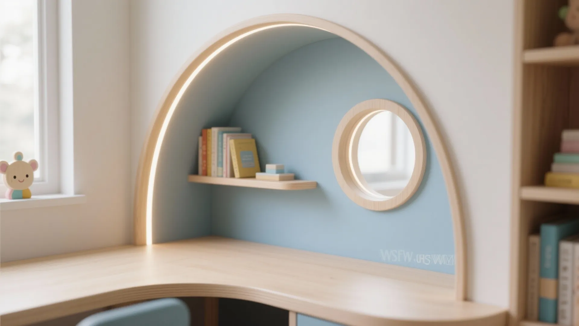 Modern wooden desk with arched wall shelf featuring built in light blue background and books