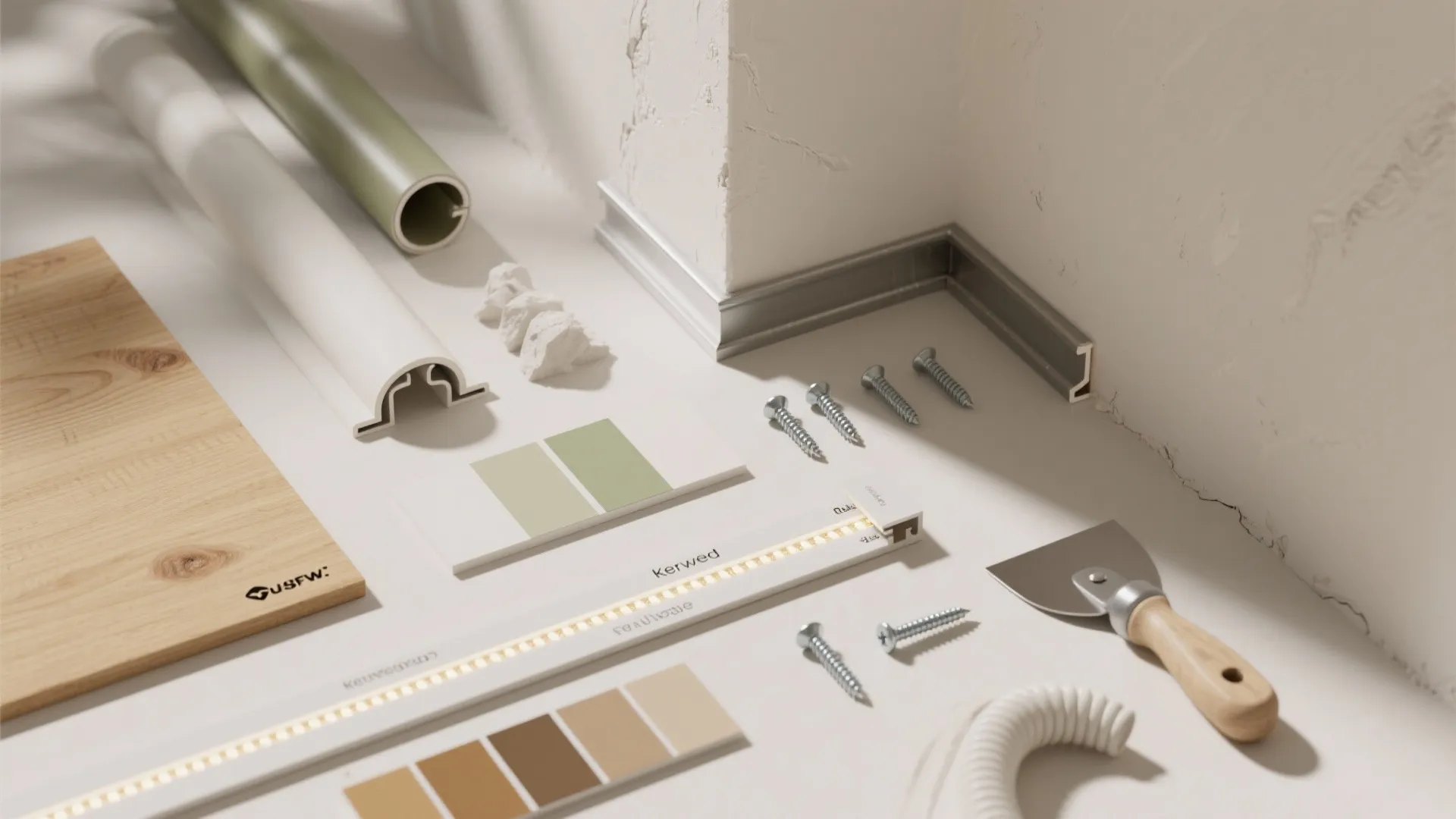 Interior design materials including wood board metal trim screws color swatches and led light strip