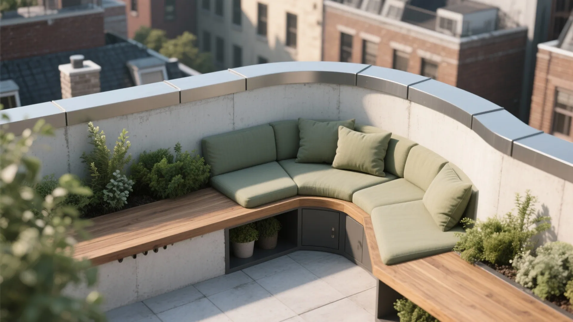 2) Curve-as-Furniture: Planter, Bench, Storage in One
