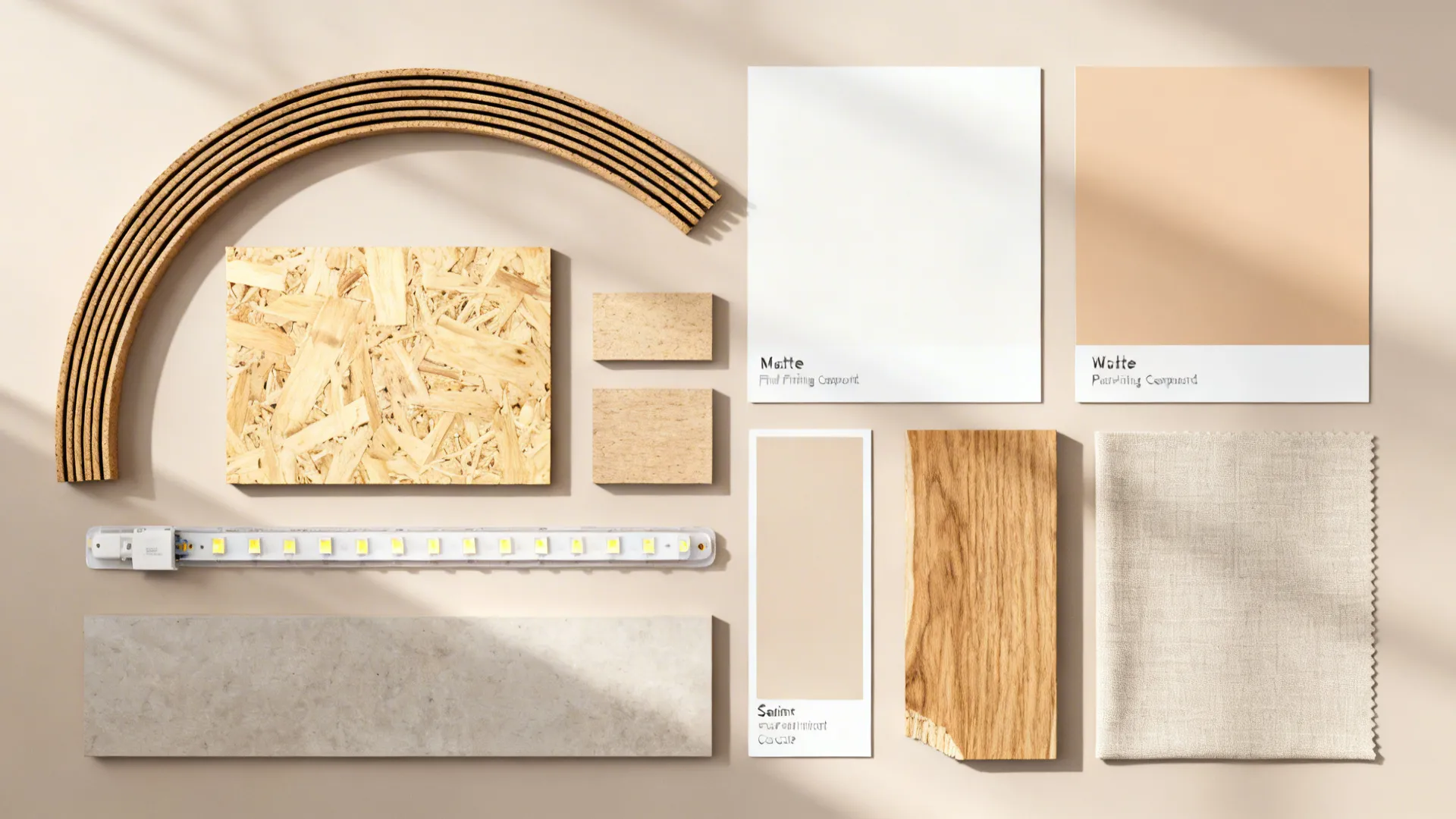 Top-down flat lay of flexible MDF, kerf-cut plywood, warm white and beige paints, LEDs, primer, and oak veneer.