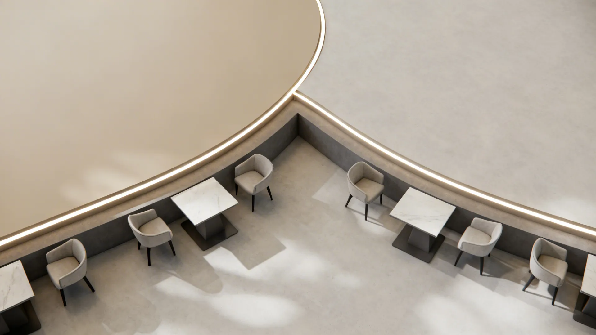 Top-down plan showing a curved ceiling panel uniting the L-shaped space