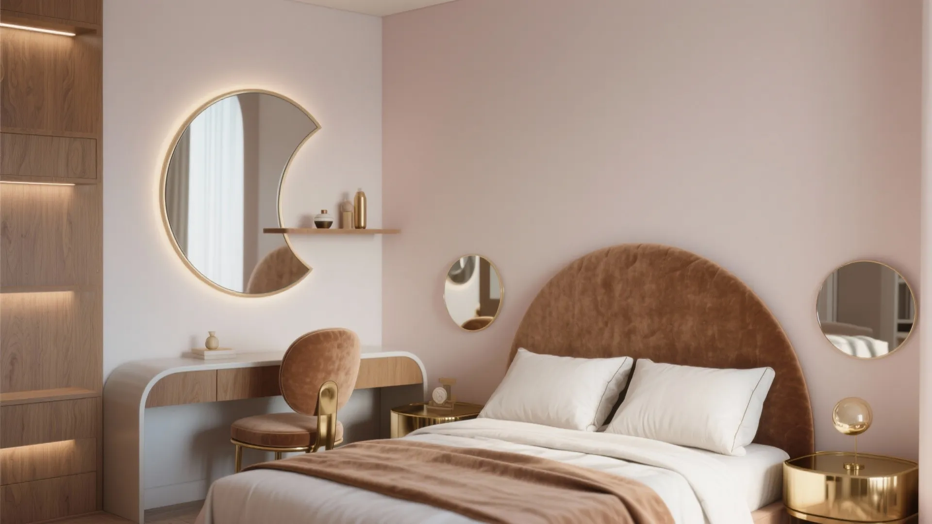 3. Curved furniture and mirrored accents