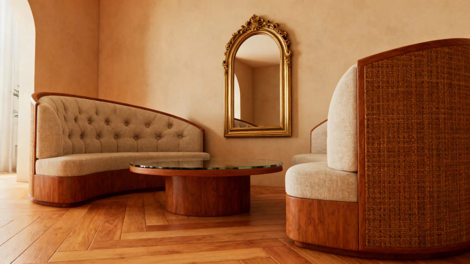 Elegant living room with curved beige sofas a round wooden coffee table and gold wall mirror