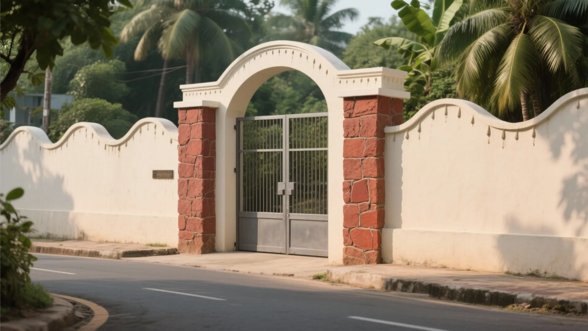 White curved garden wall with red stone pillars and metal gate under a white decorative arch