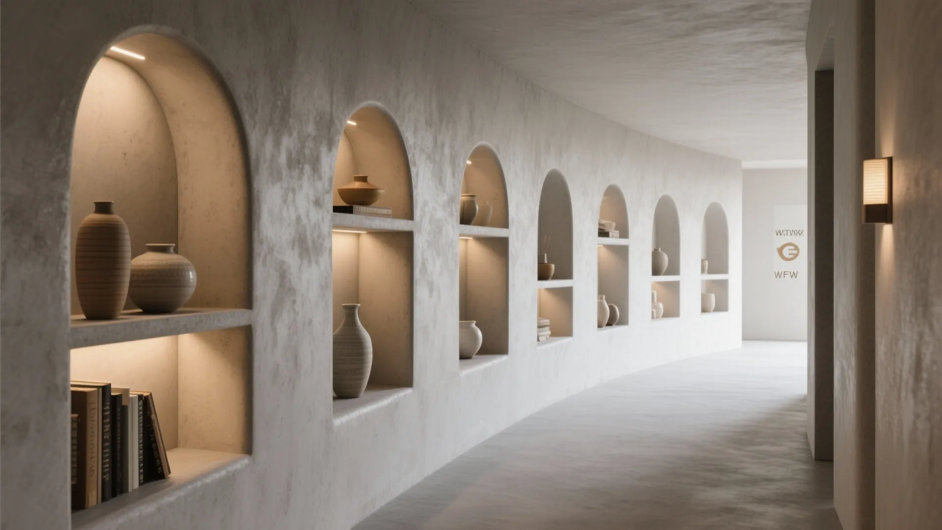 Curved Cement Showcase with Arched Niches