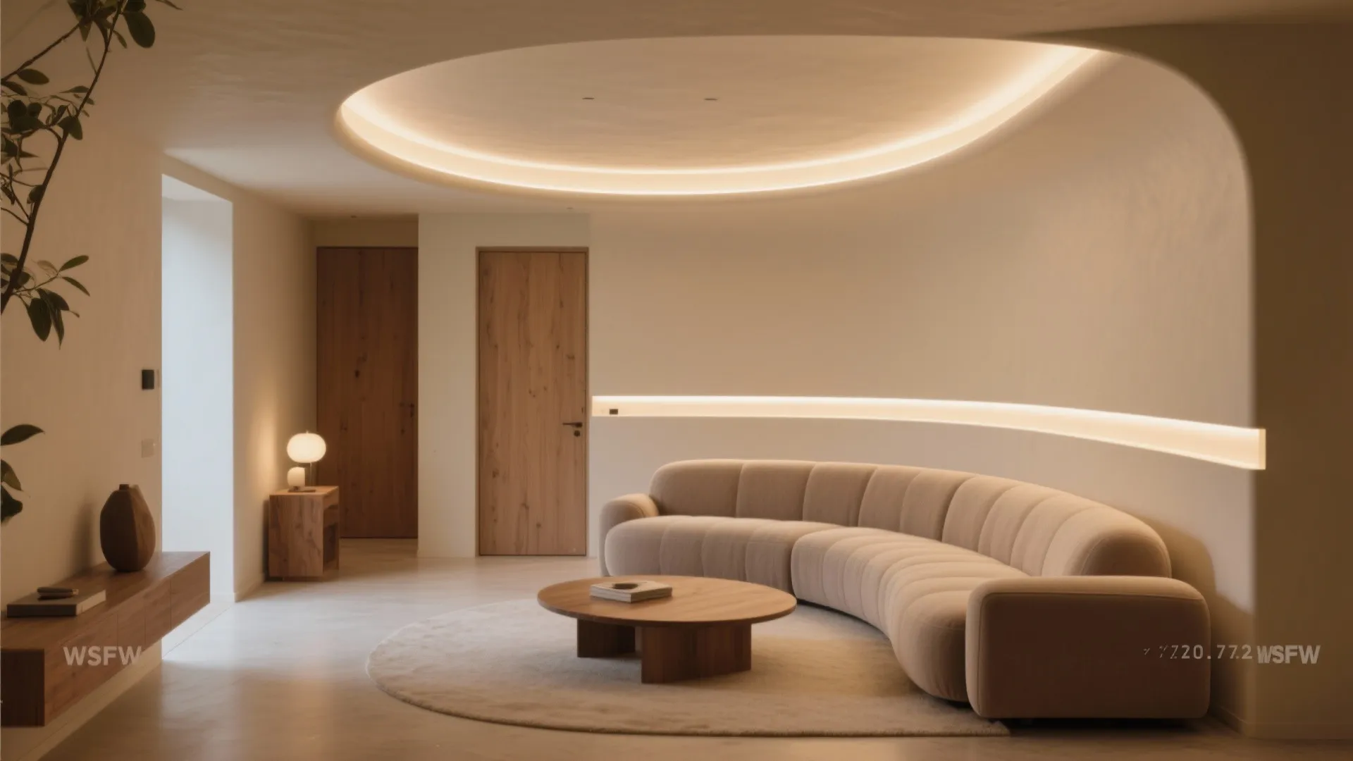 Minimalist interior with curved wall light, round wooden table, beige curved sofa, and wooden doors