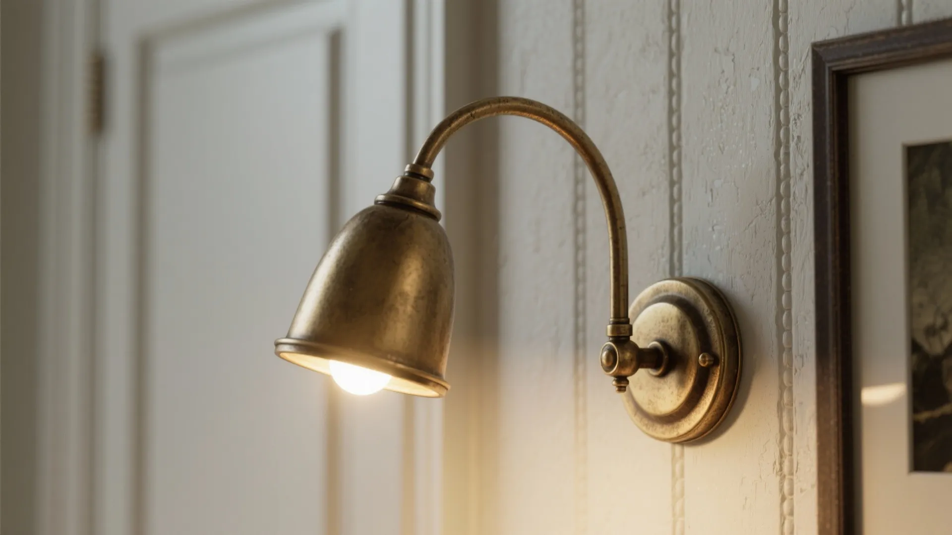 Vintage brass wall light with a curved arm and warm glow on a white wall