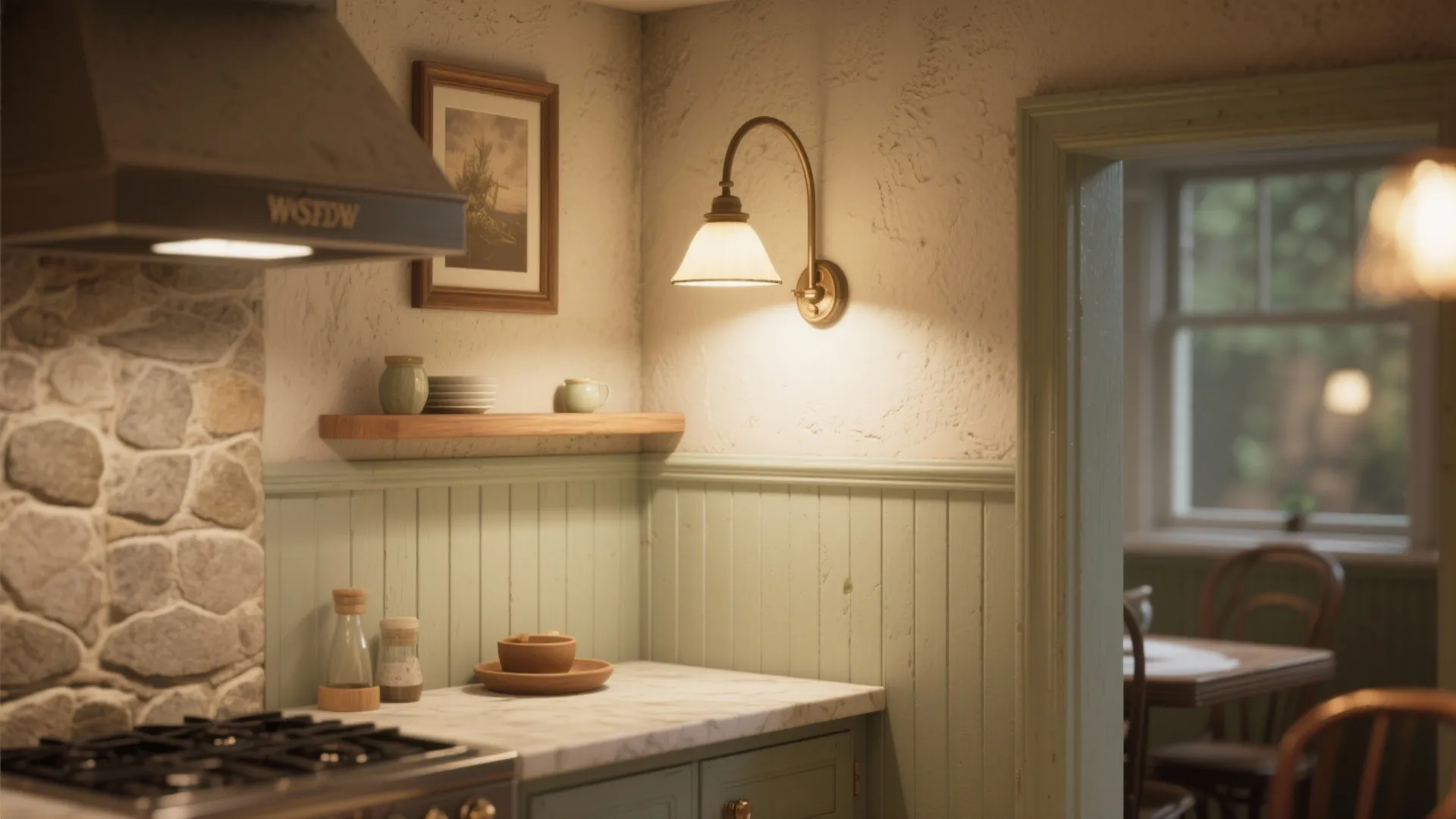 Rustic kitchen corner with light green wall panel marble counter brass wall light and stone wall