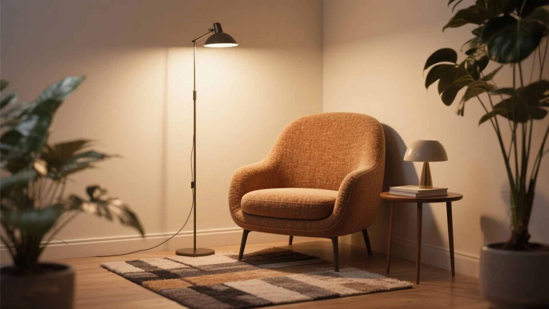 Orange sofa in a cozy corner with floor light table lamp small table and green plants