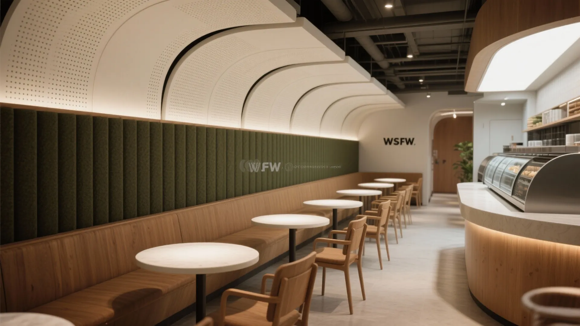 Cafe interior design featuring curved white ceiling panels green wall panels and round marble tables