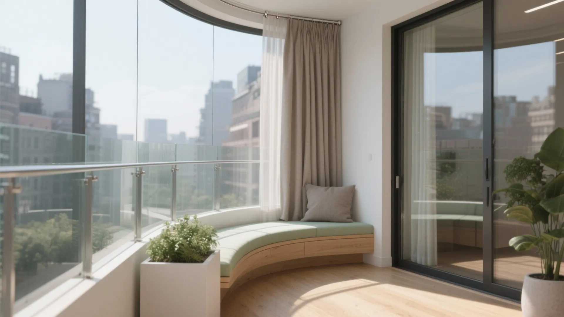 Curved balcony featuring a green seat cushion wooden bench glass railing and city skyline view through