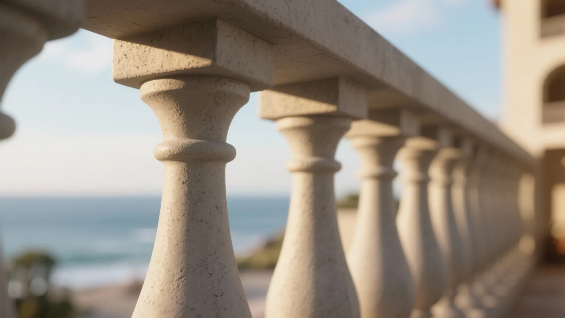 Classic stone balcony railing pillars with a blue sea and sunny sky in the background