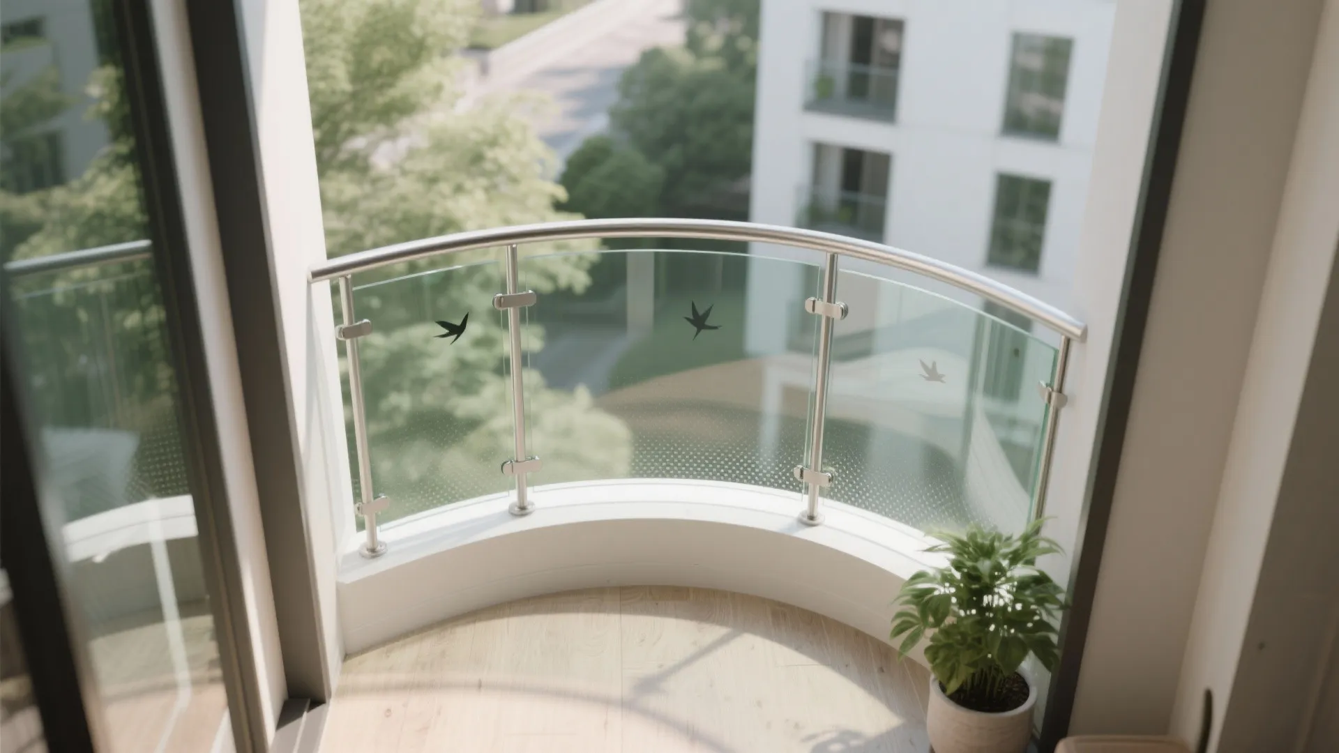 Curved glass balcony railing with silver frame overlooking modern apartment buildings and small green plant