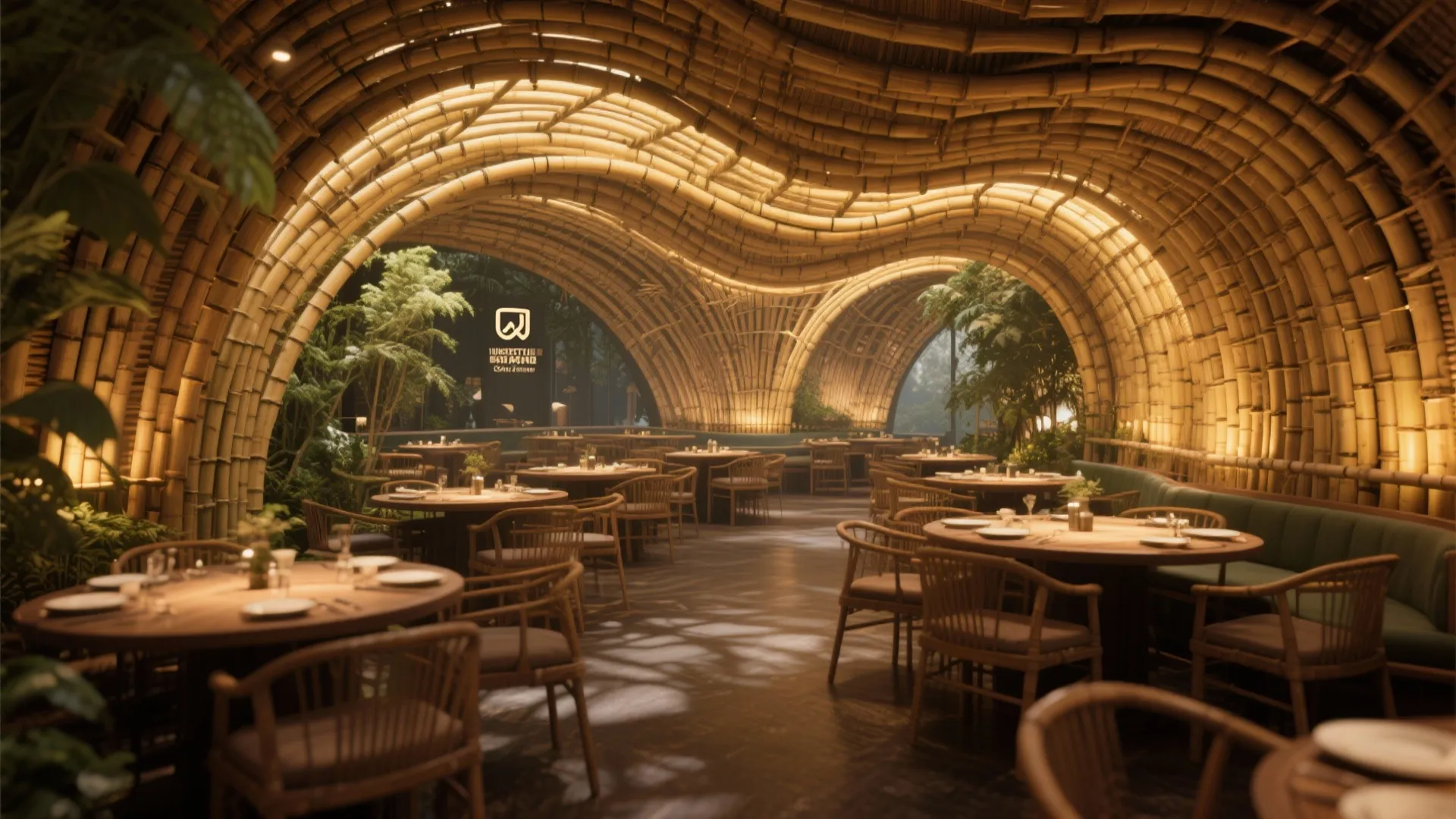 Spacious restaurant featuring a unique curved bamboo ceiling design with round wooden tables and chairs