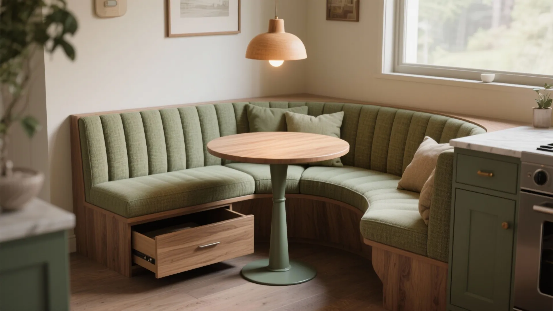 2. Curved banquette with a small round table