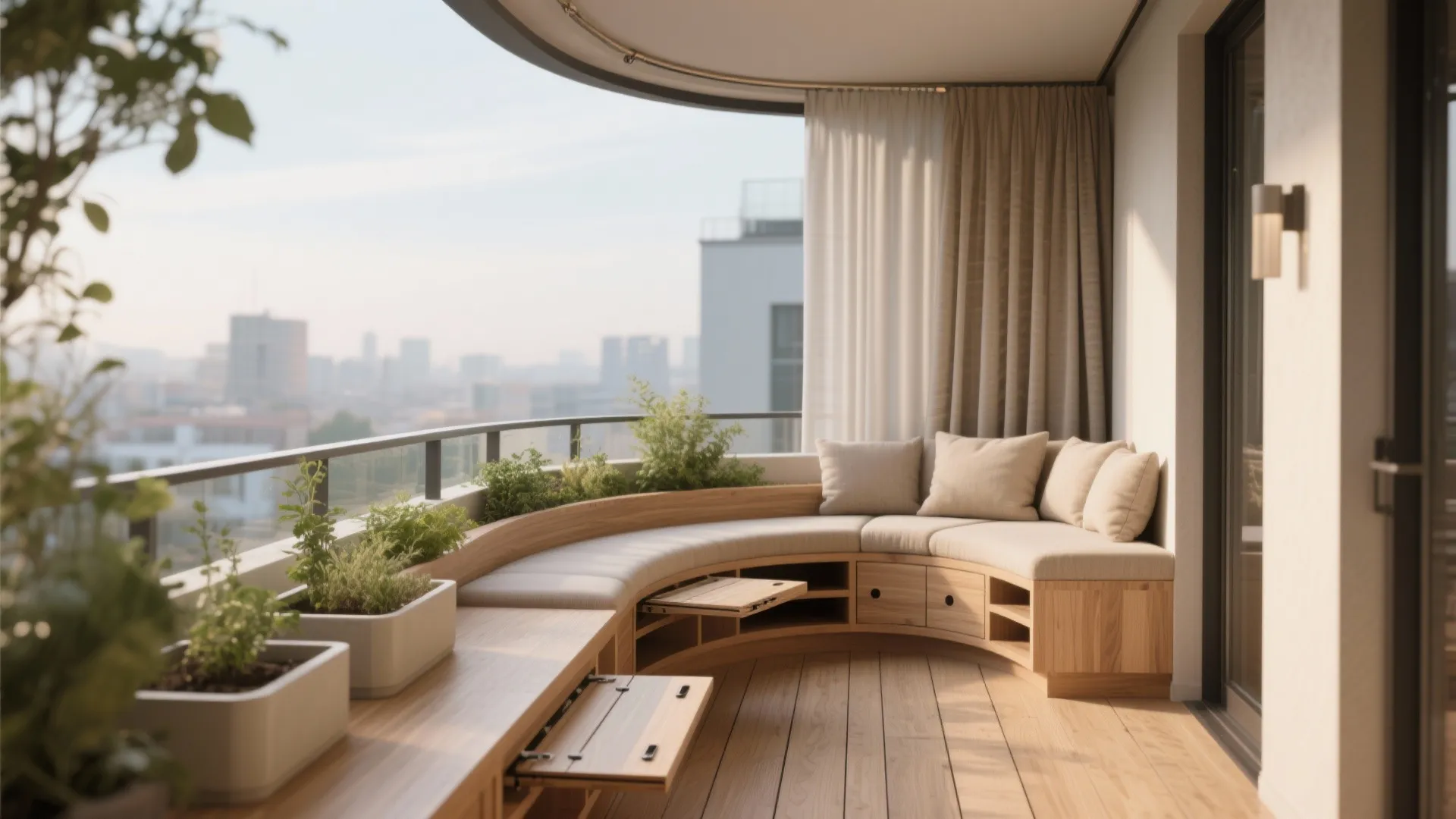 Modern balcony with curved wooden sofa green plants wood floor and city view in daylight