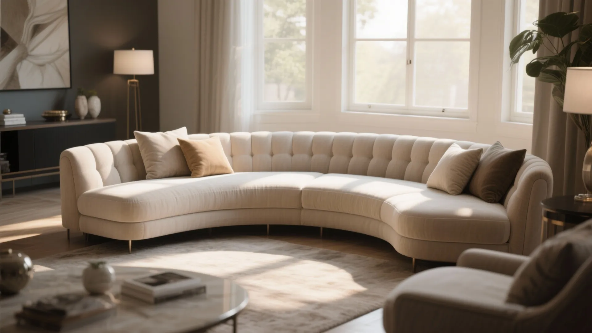 Elegant curved white sofa in a bright living room with large windows and wooden floor